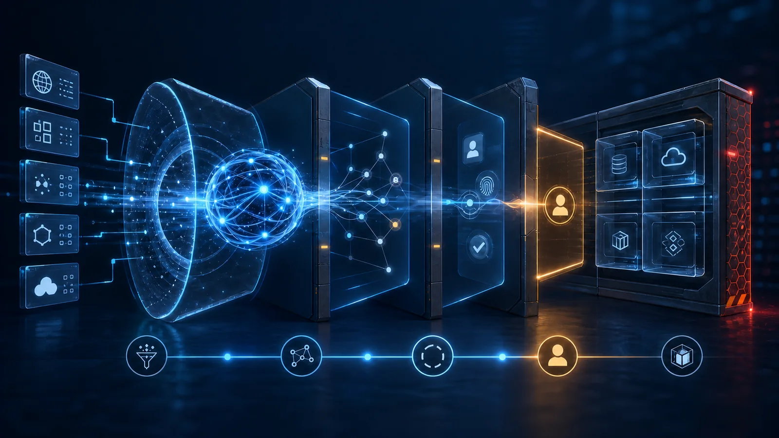 An autonomous AI agent moves through separated information, decision, identity, approval and execution zones while architectural boundaries limit access to enterprise systems.