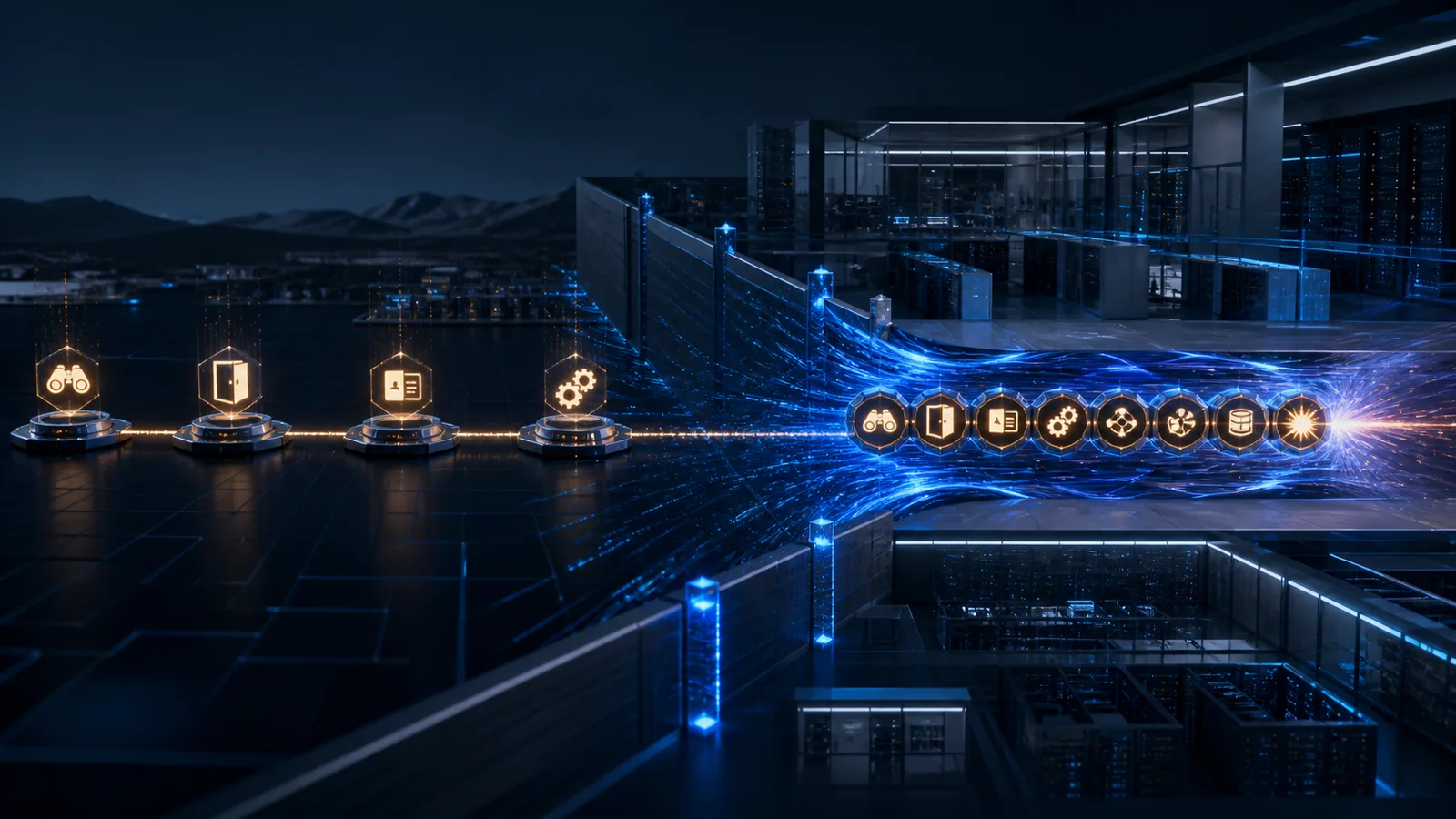 Familiar cyberattack stages begin widely separated before an AI-driven stream compresses them into a tightly connected machine-speed chain across an enterprise environment.