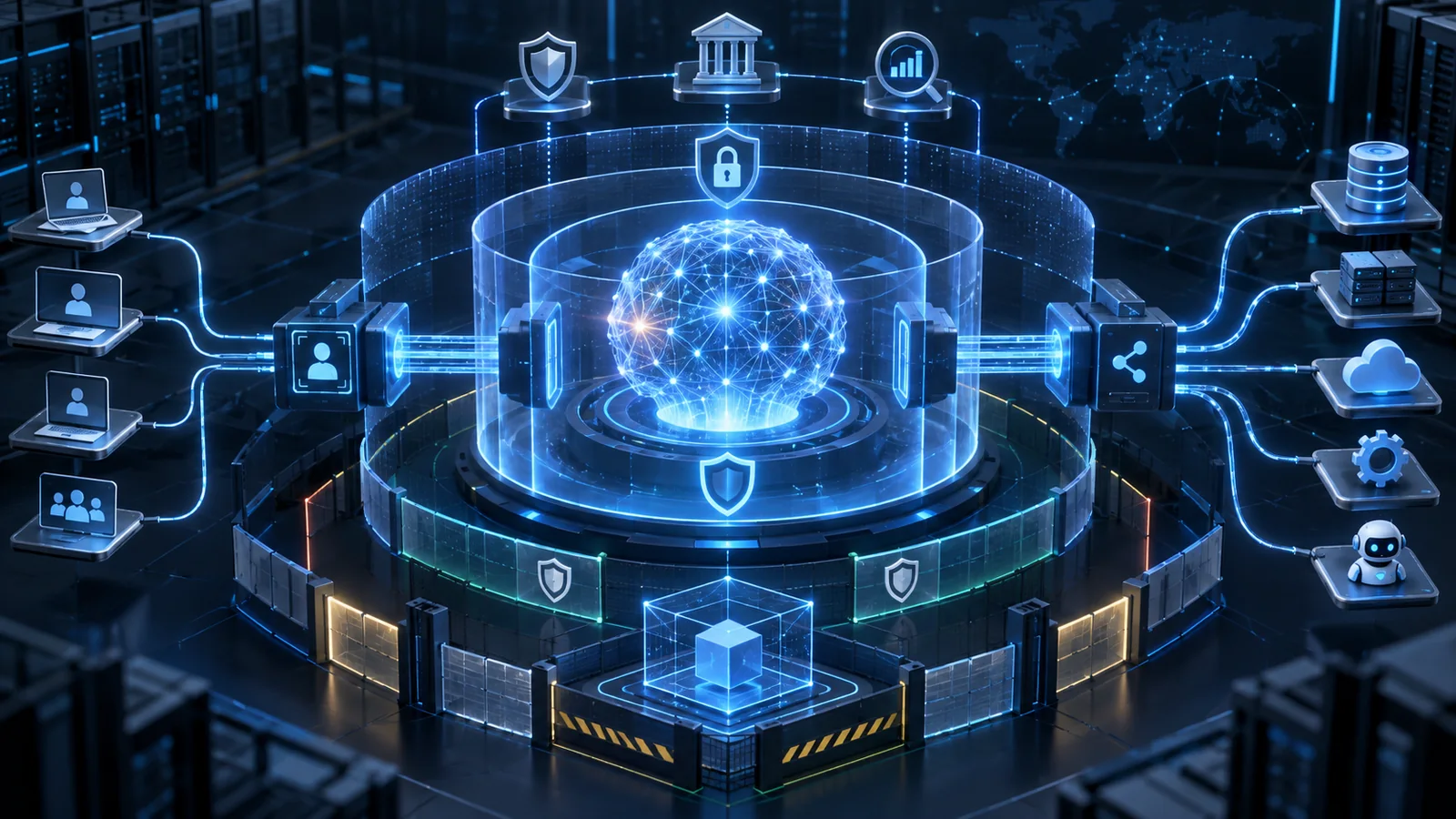 An enterprise AI core is surrounded by layered trust zones, identity controls, governed data paths, model gateways and restricted tool connections.