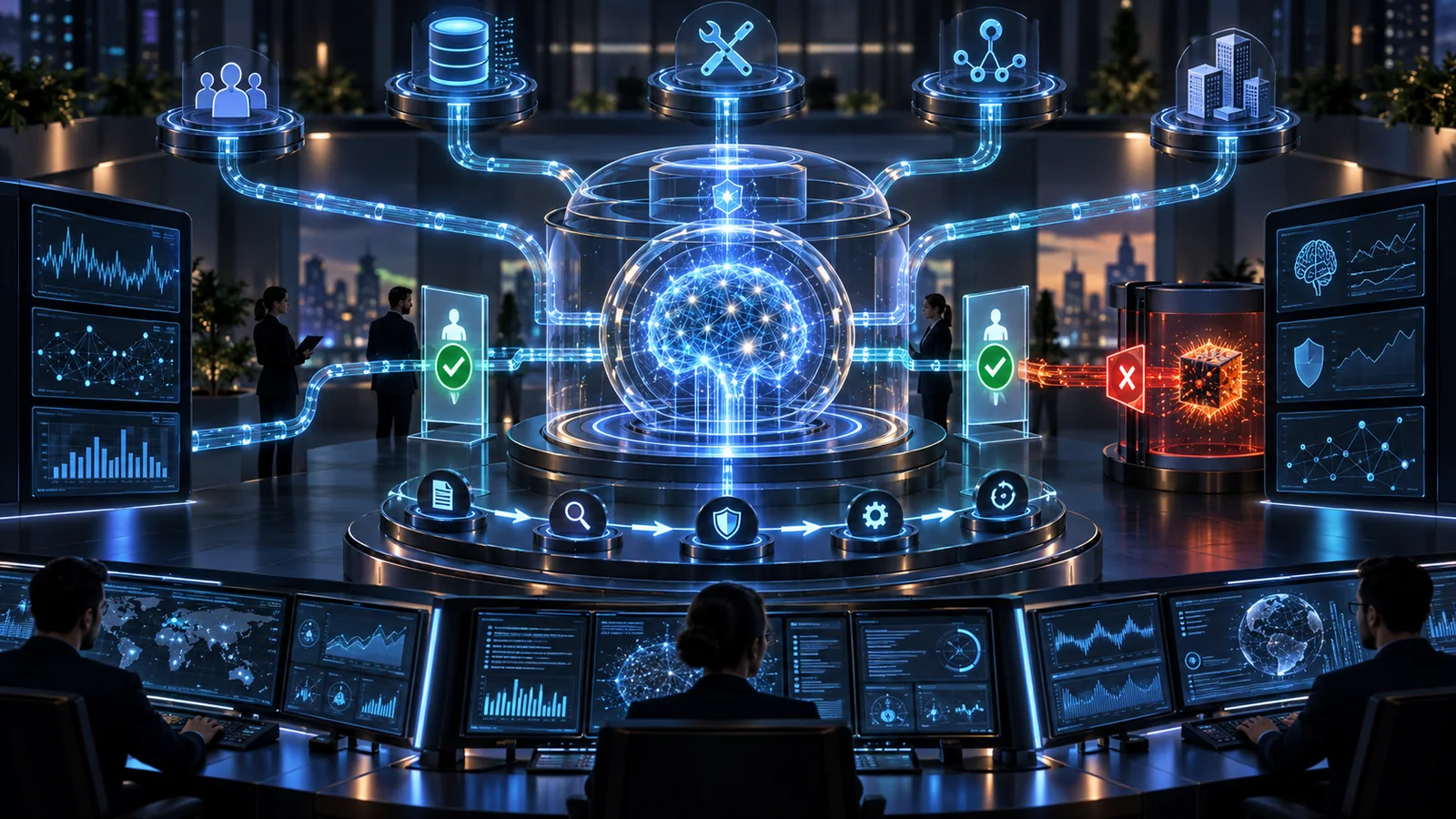 Security analysts continuously monitor an enterprise AI system while approval gates, behavioural controls and containment boundaries govern data, tools and business actions.