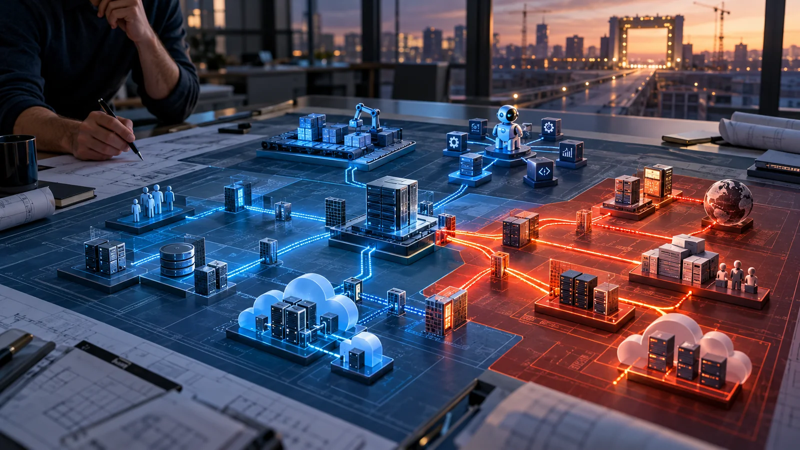An architect designs enterprise connections across cloud, applications, partners and AI, with narrow blue trust paths contrasted against broad red attack paths before production launch.