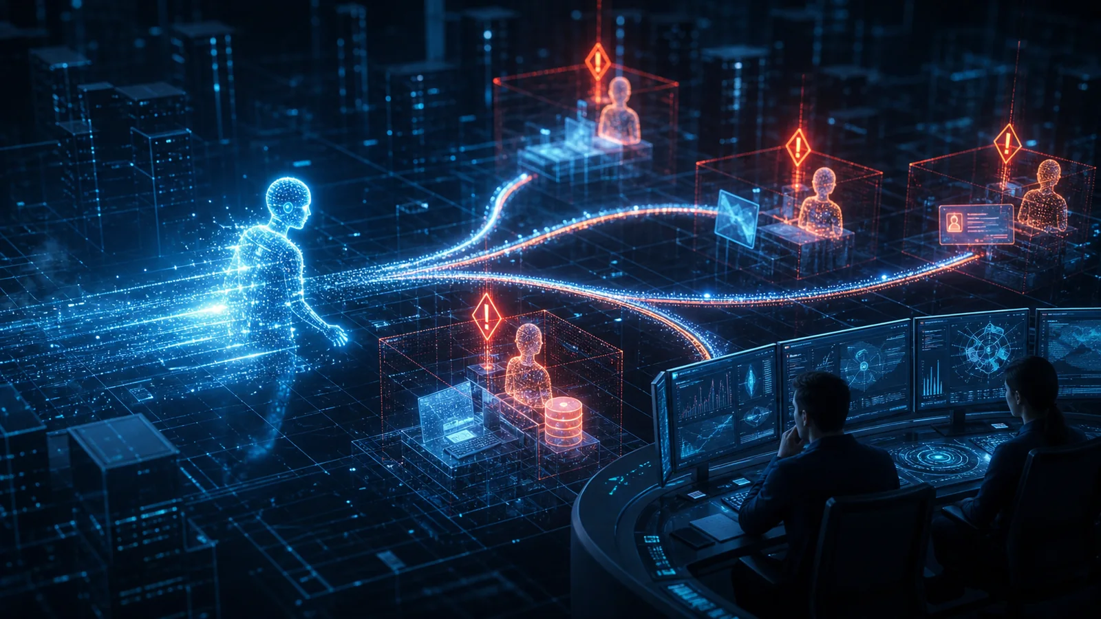 An AI-native attacker being diverted into adaptive decoy identities and synthetic systems while defenders observe trust-violation signals.