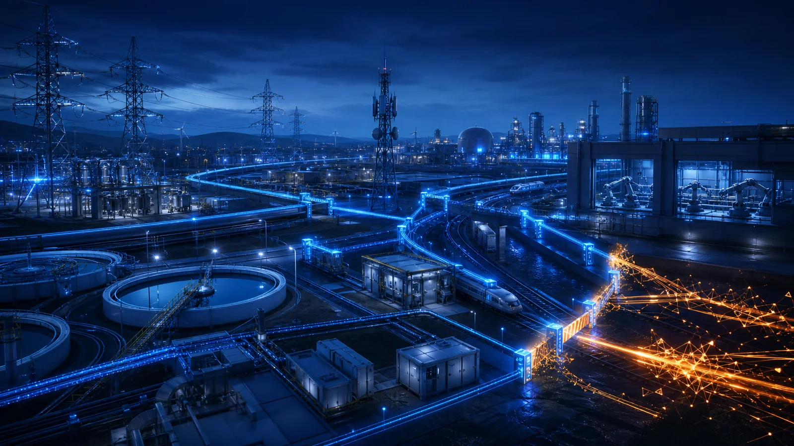 Power, water, rail, telecommunications and industrial systems continue operating behind layered blue security boundaries while an amber AI-assisted threat is contained at the perimeter.