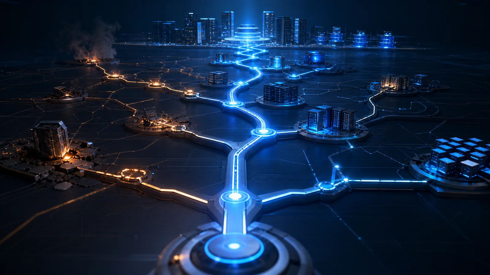 A sequence of secure blue pathways leads through daily decision points toward resilient infrastructure while neglected amber paths end in disruption.