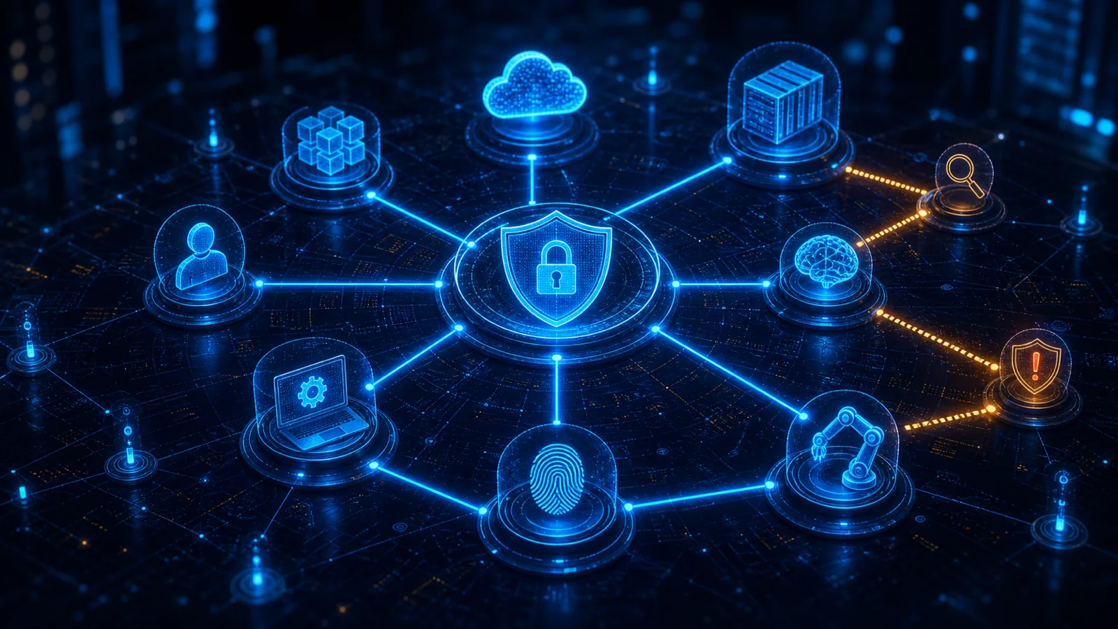 A central shield connects human, workload, application, cloud and AI identities through visibly verified trust paths.