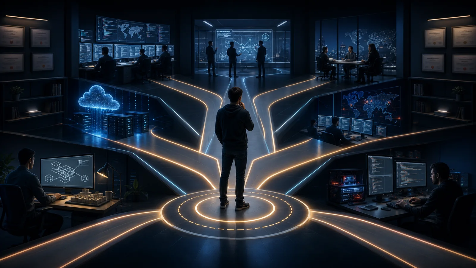 A cybersecurity professional chooses among several career paths while practical labs and specialist teams lead forward and certificates remain in the background.