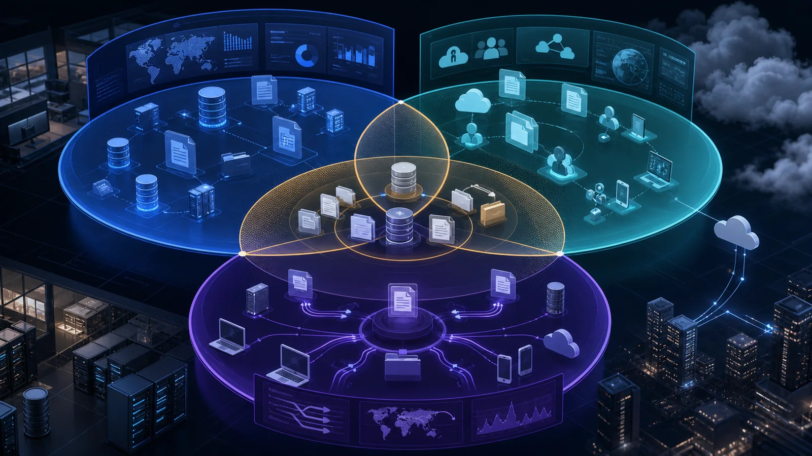 Three overlapping data-security control planes map sensitive repositories, govern data movement and control cloud usage around a shared data estate.