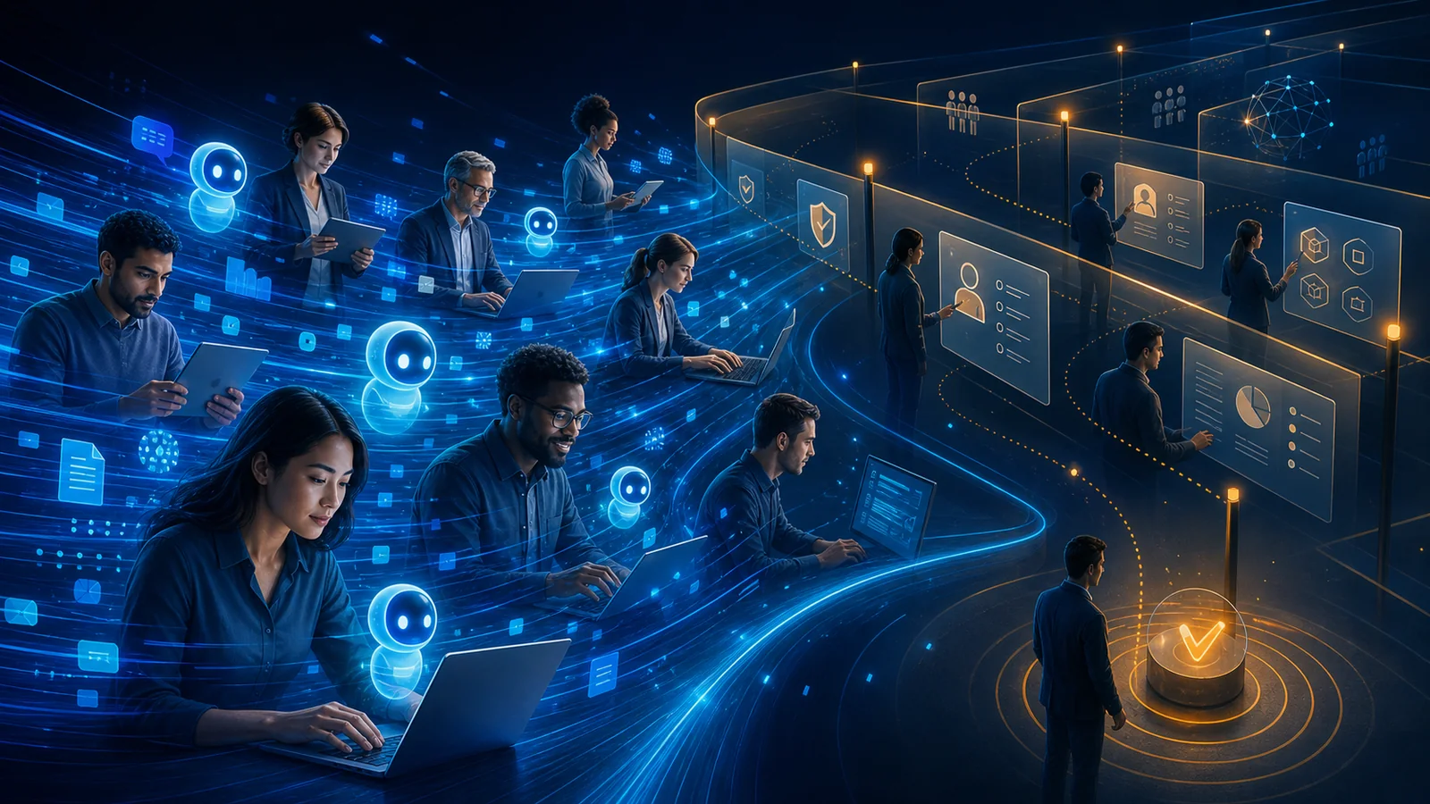 Employees adopting AI across fast-moving workflows while identity, data and policy guardrails form a visible governance path around them.