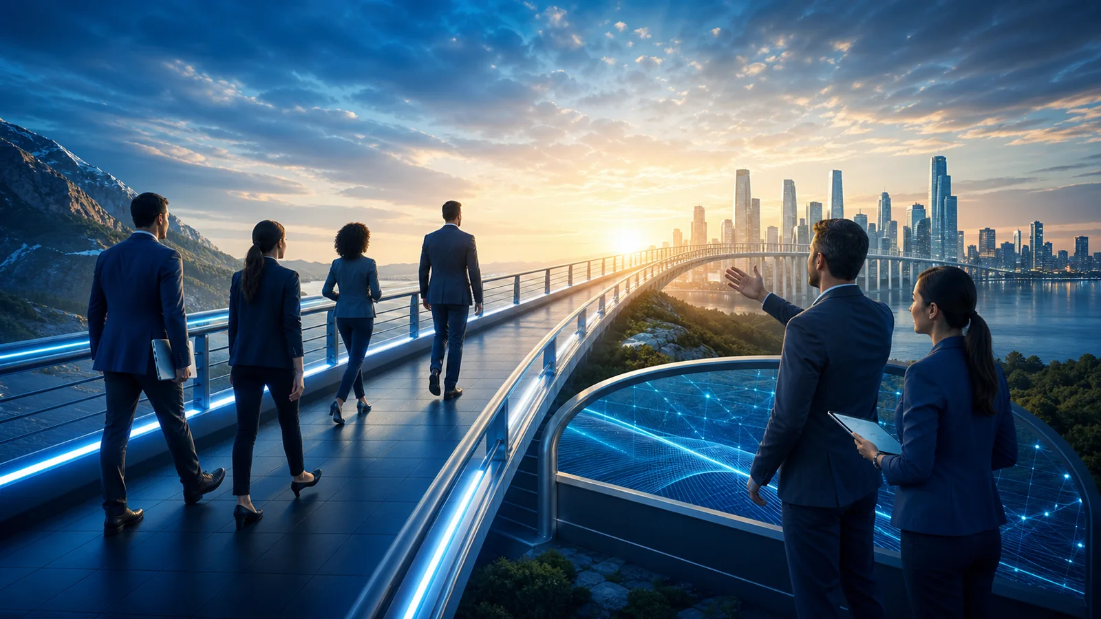 A business team advancing across a carefully engineered secure bridge while security architects strengthen the route instead of blocking it.
