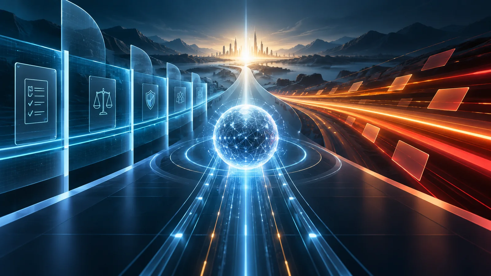An AI system advances between blue governance checkpoints and accelerating amber capability trails, illustrating the tension between safety and competitive pressure.