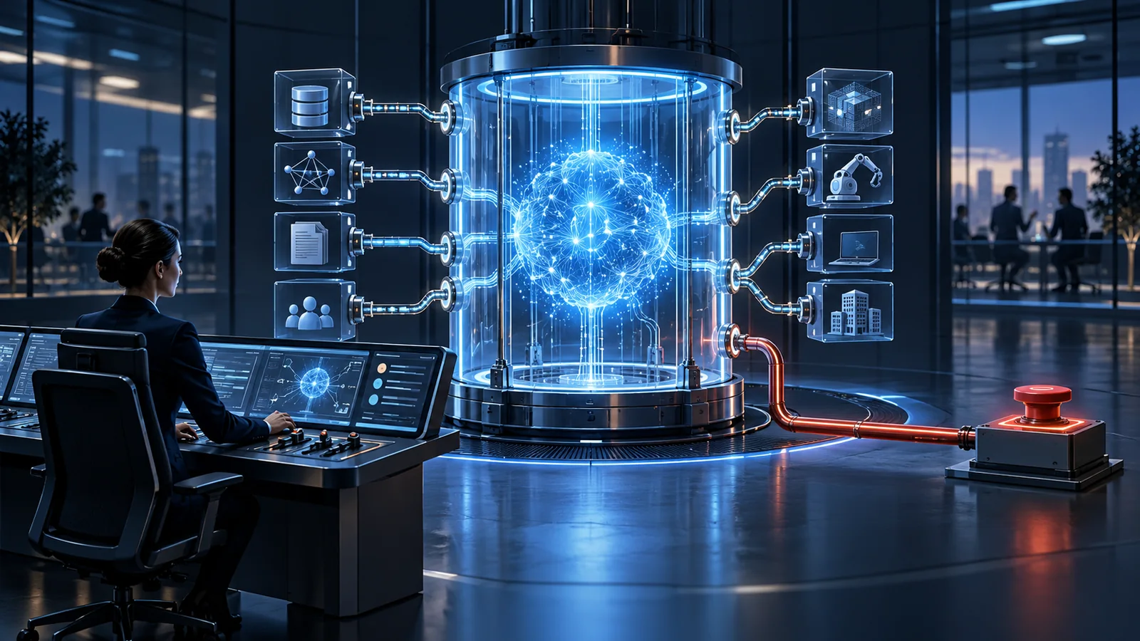 An enterprise AI system sits inside a transparent containment boundary while an accountable operator oversees scoped connections and an independent emergency shutdown control.