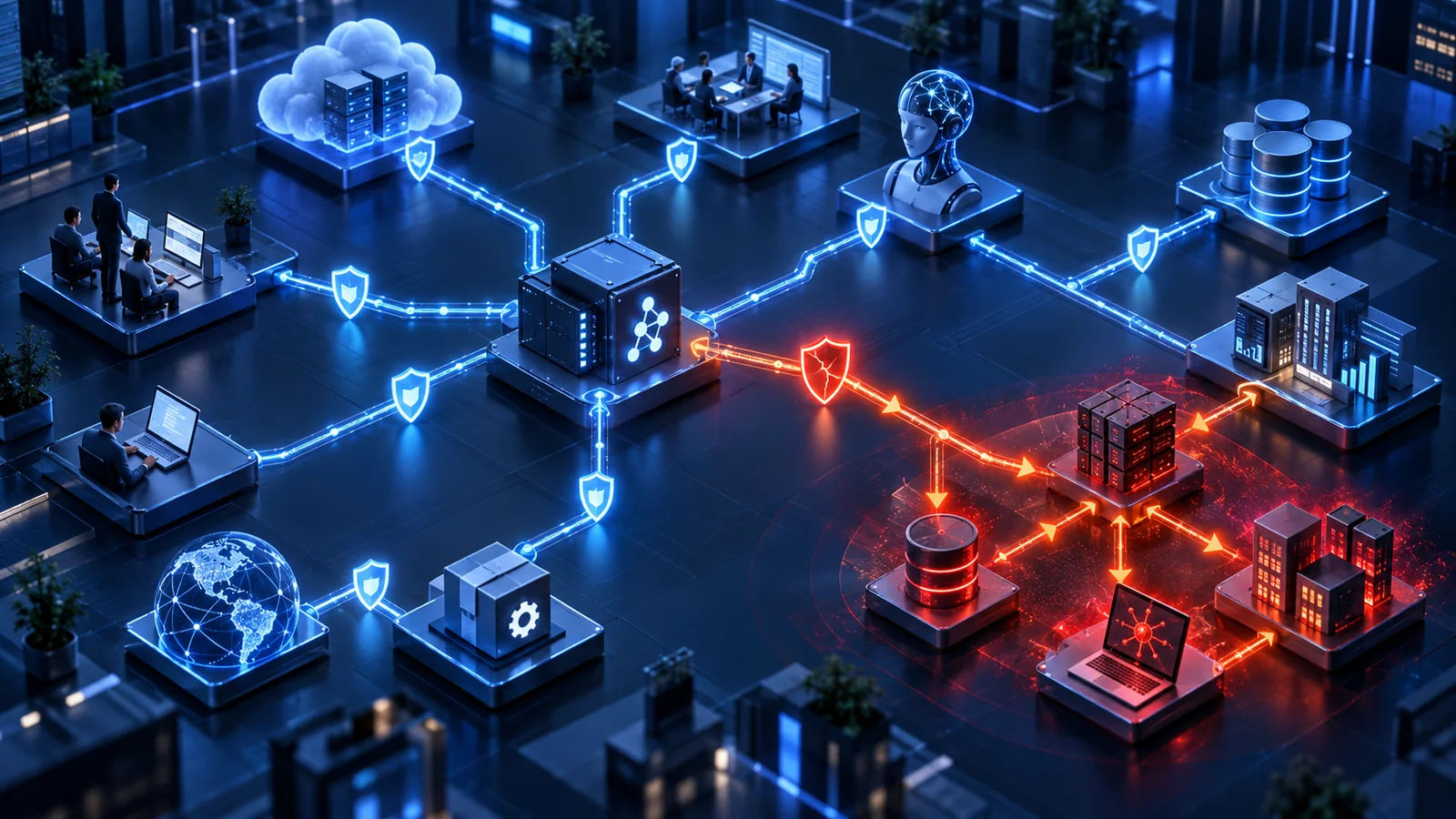 Trusted connections link users, cloud services, APIs, AI agents and databases while one compromised trust path spreads toward downstream systems.