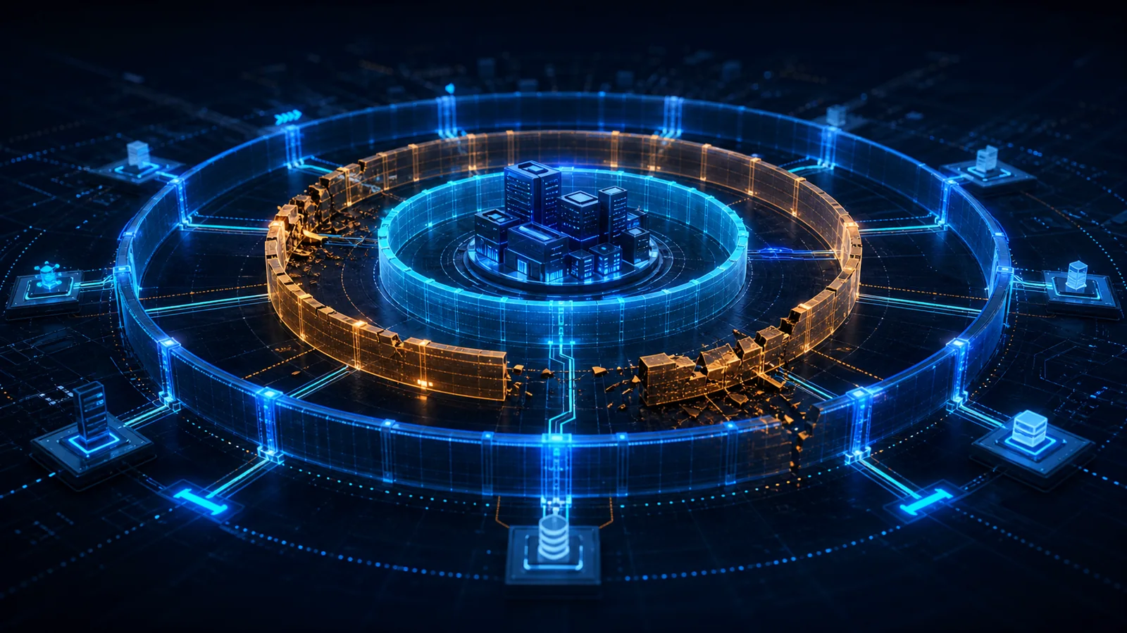 Independent blue security layers contain two amber control failures while a critical business core remains protected and operational.