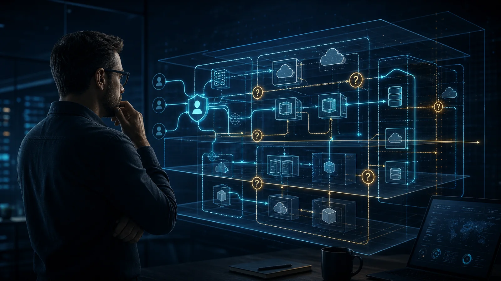 A security architect examines layered trust boundaries and question checkpoints across a system architecture.