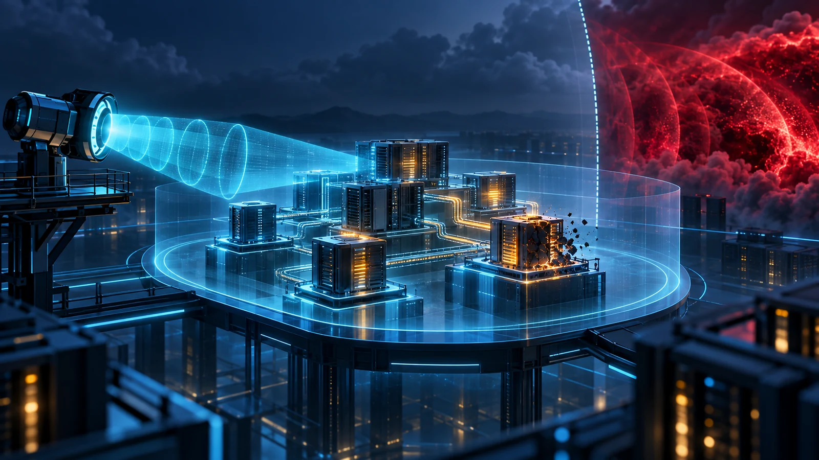 A controlled cyan security scan exposes a failing production component while a larger red attacker-generated pressure wave waits beyond the test boundary.