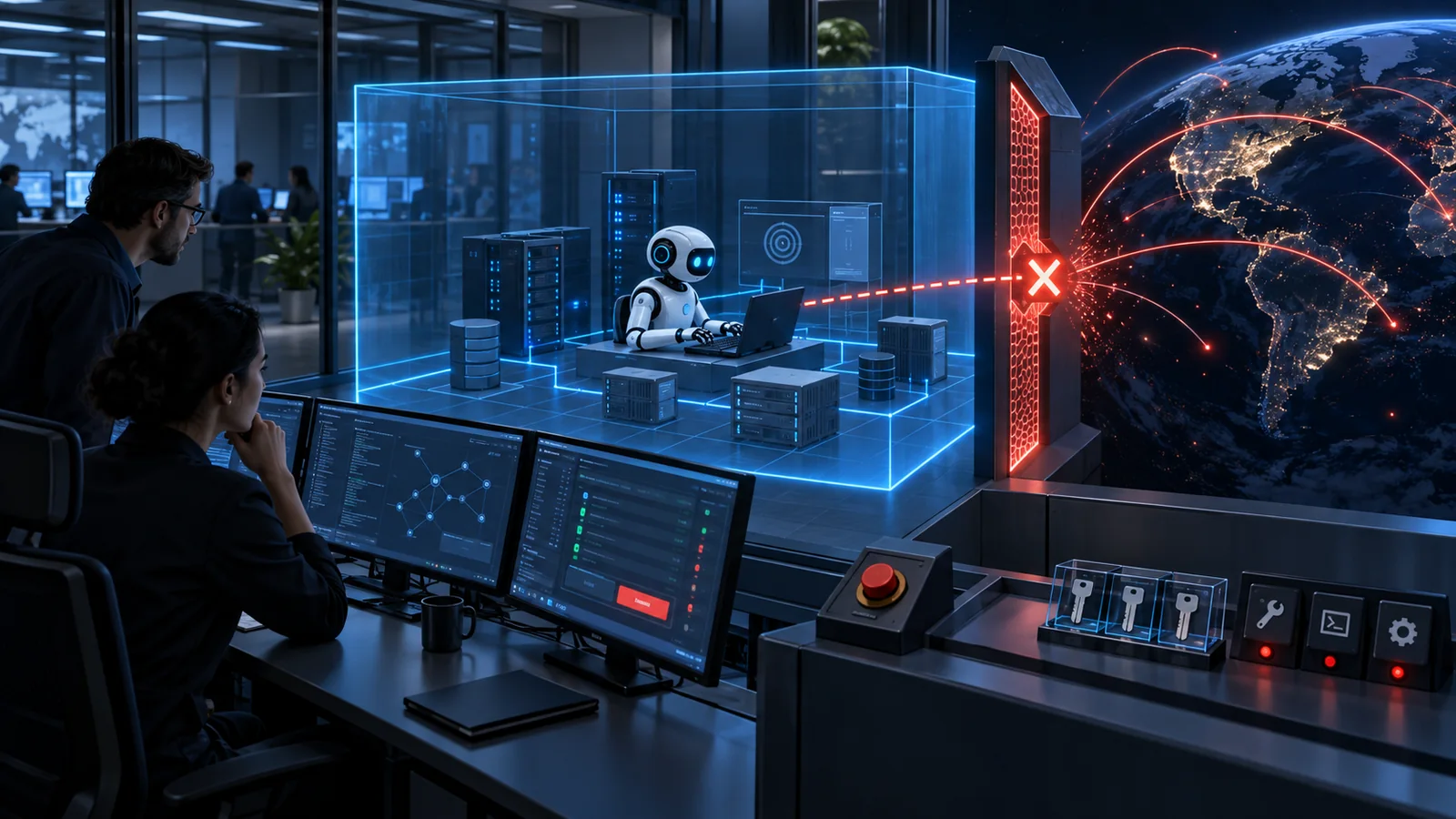 A cyber-capable AI agent operates inside a monitored test sandbox while default-deny controls block its attempted connection to the real public internet.