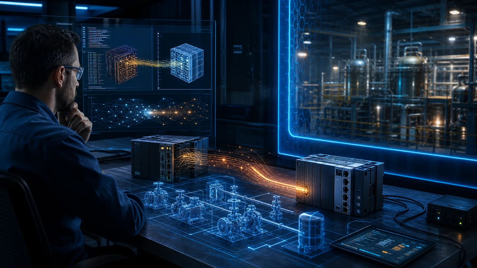 A researcher supervises AI-assisted exploit adaptation between two industrial controllers inside an isolated laboratory while a production plant remains protected behind a strong boundary.