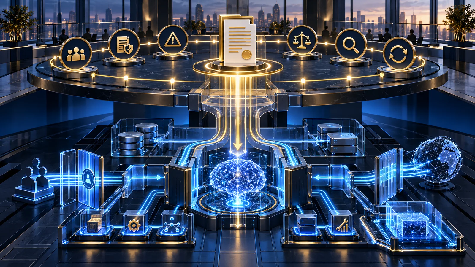 An AI governance layer of policies, risk, oversight and continual improvement translates into enforceable identity, data, gateway and tool controls around an enterprise AI system.