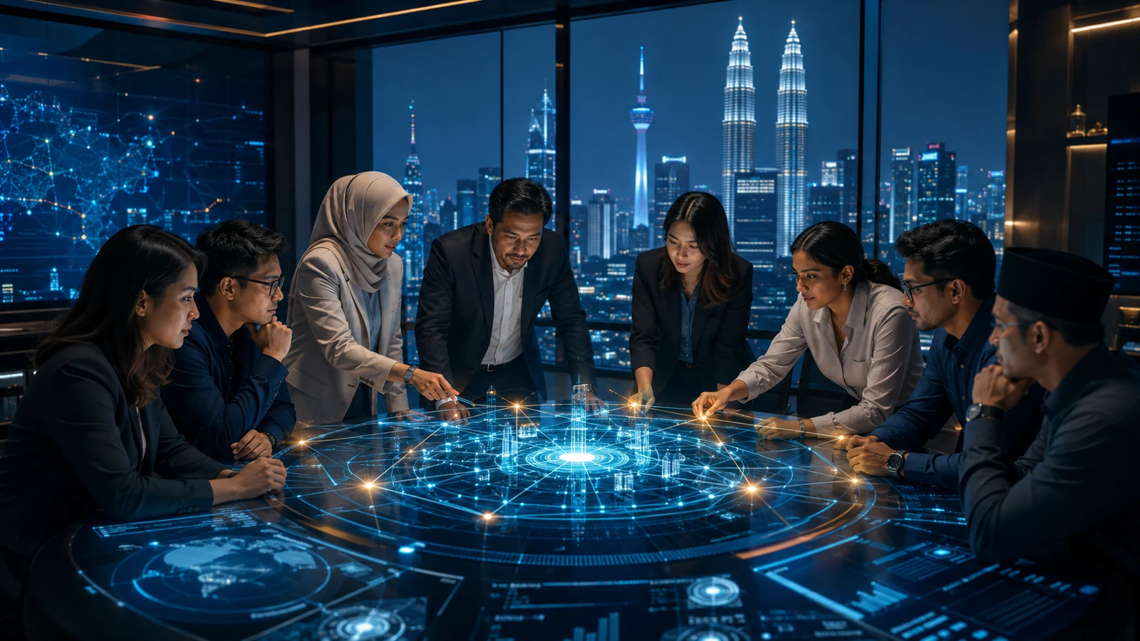 A diverse group of Malaysian cybersecurity, engineering and business professionals collaborate around a shared network model overlooking Kuala Lumpur.