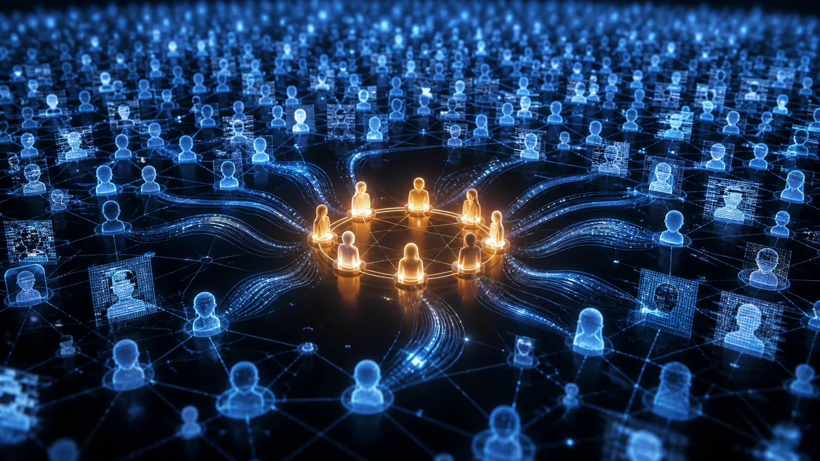 A small warm circle of trusted human relationships sits within a vast cold-blue network crowded with duplicate profiles, automated identities and synthetic content.