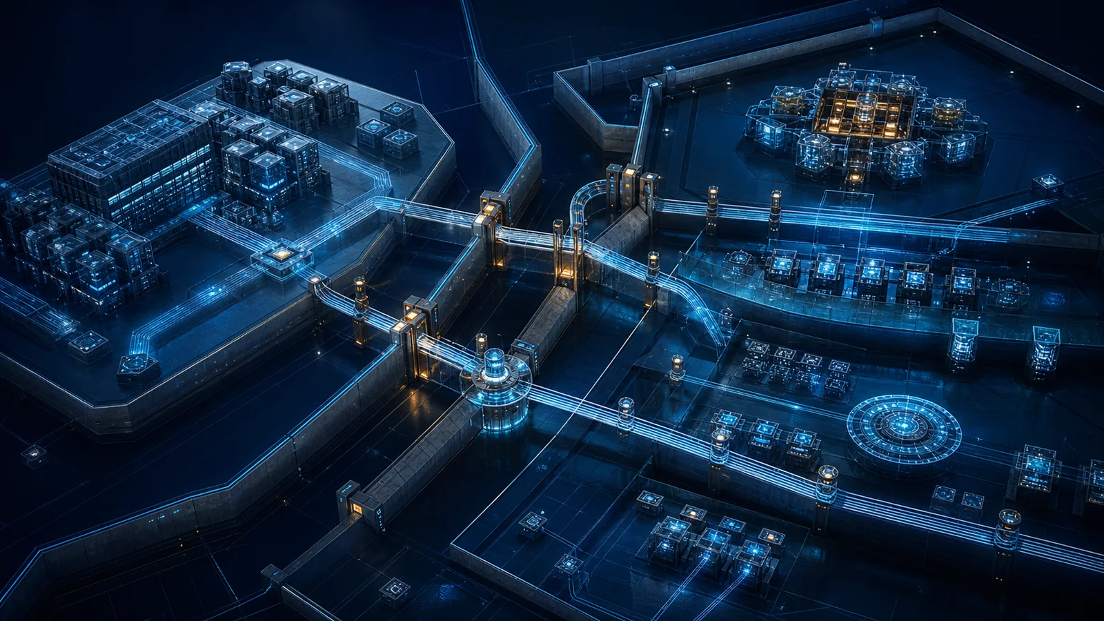 A layered system architecture where every connection crosses visible trust boundaries and passes through explicit controls.