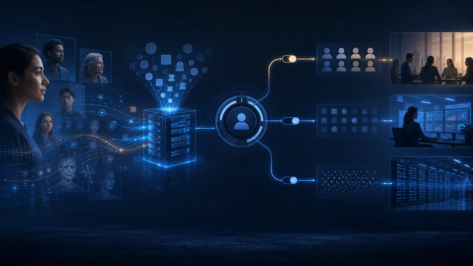 Personal data moving through governed stages where identity is selectively minimised and retained only inside controlled boundaries.