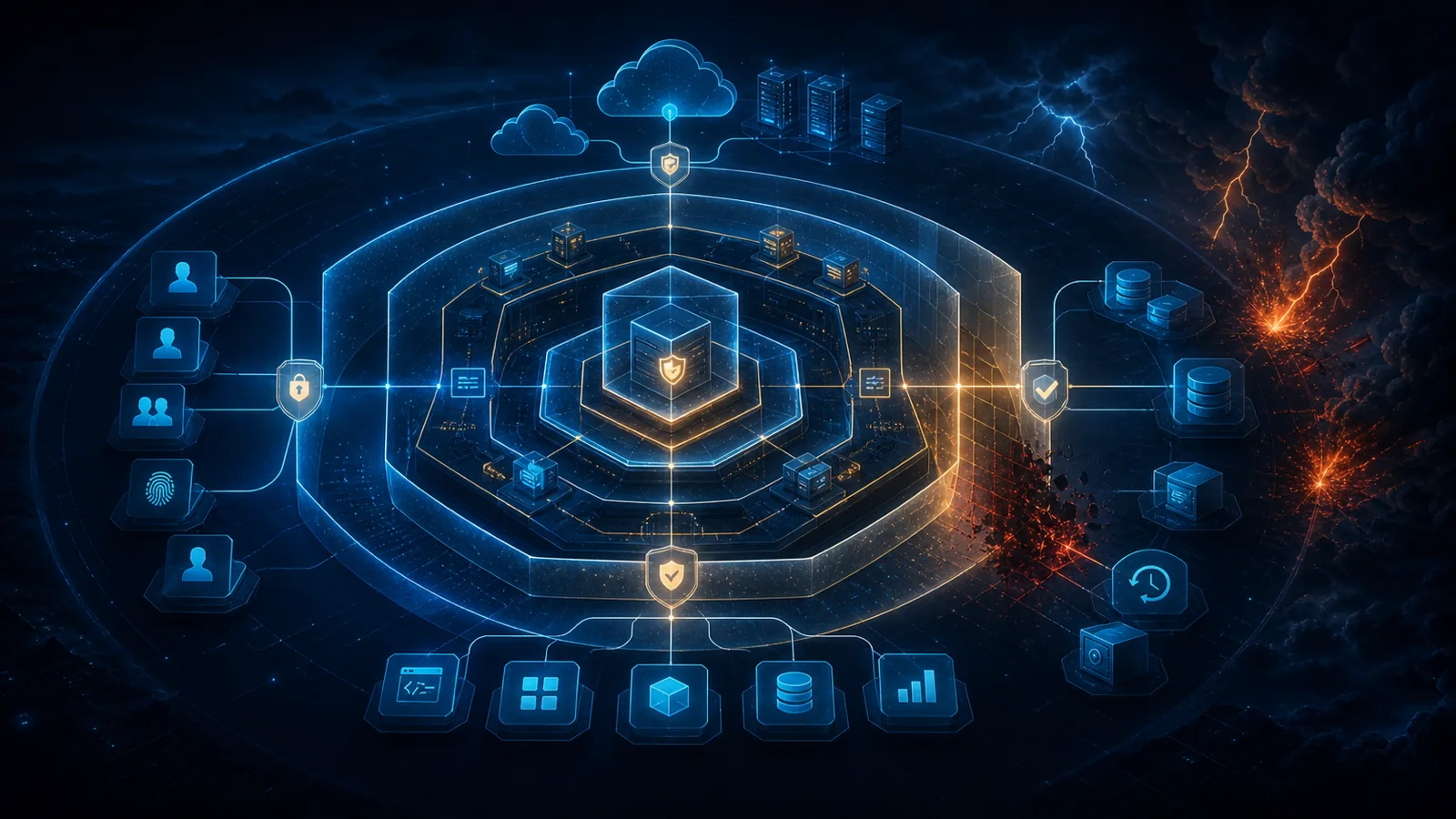 Layered trust boundaries, controls and recovery paths protect critical business services.