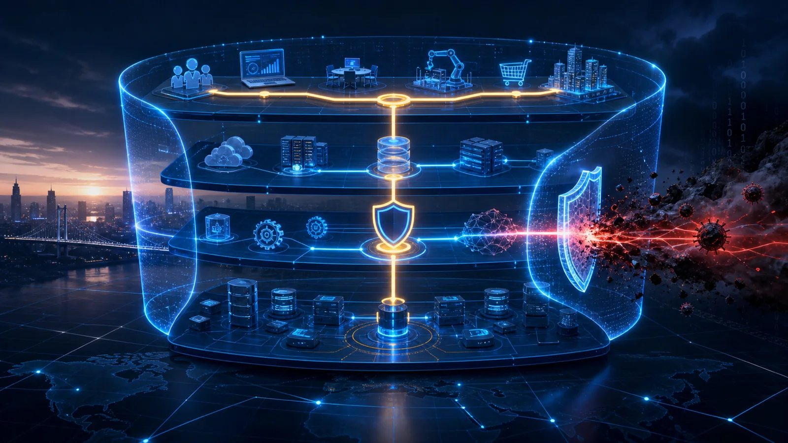 Layered business services remain protected behind trust boundaries and resilient security architecture while a cyber threat is contained.