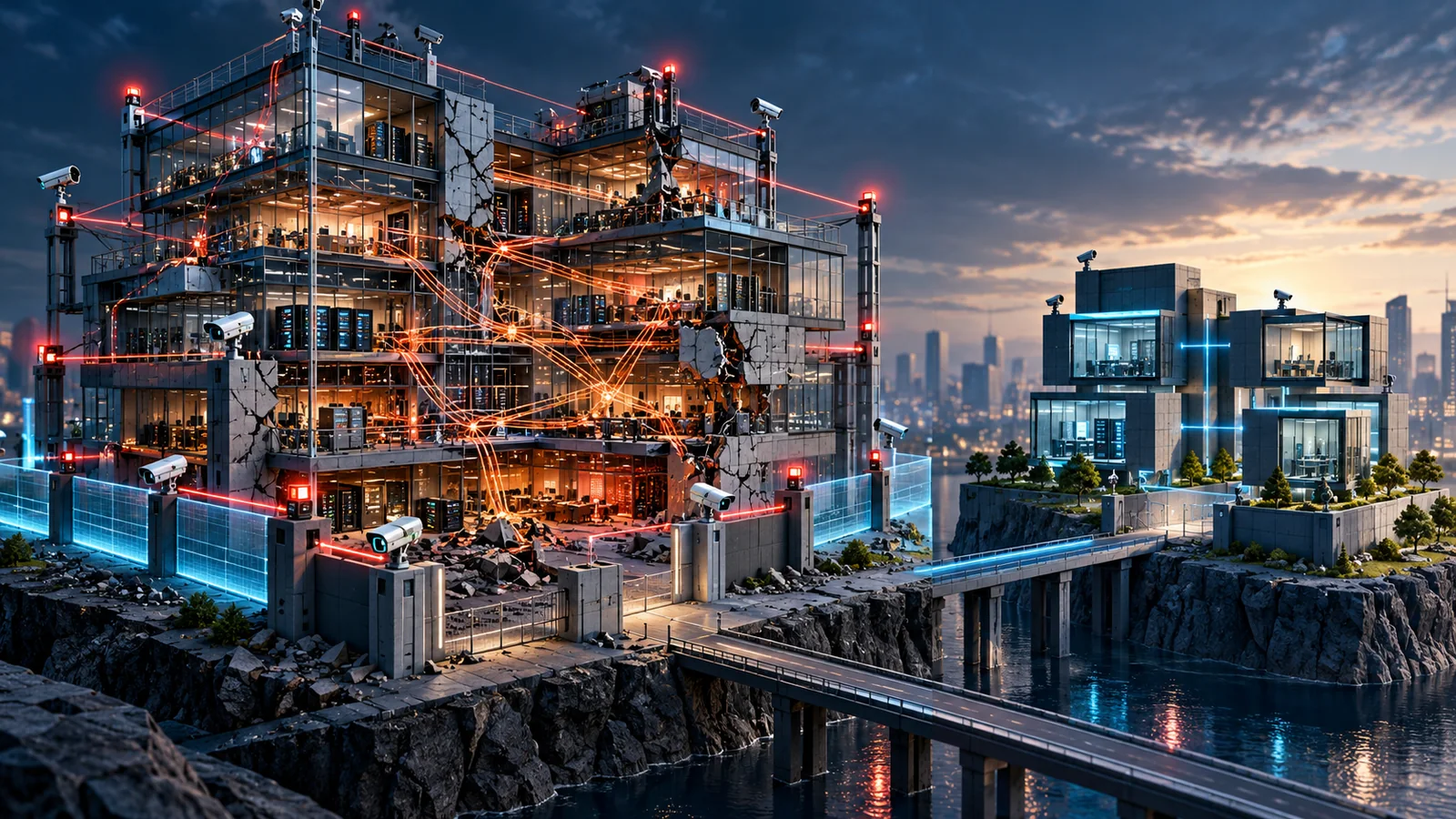 A structurally weak enterprise system remains cracked despite layers of monitoring and security controls, contrasted with a smaller segmented architecture built on clear boundaries.
