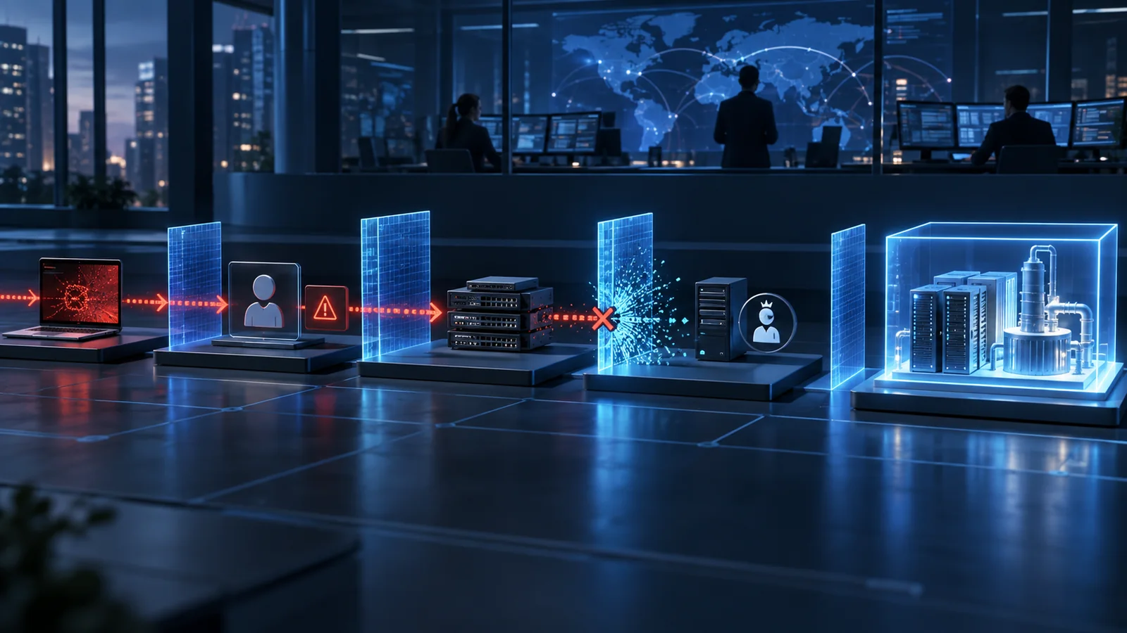 A layered attack chain crosses endpoint, identity and network controls before coordinated defences interrupt lateral movement and protect a critical business system.