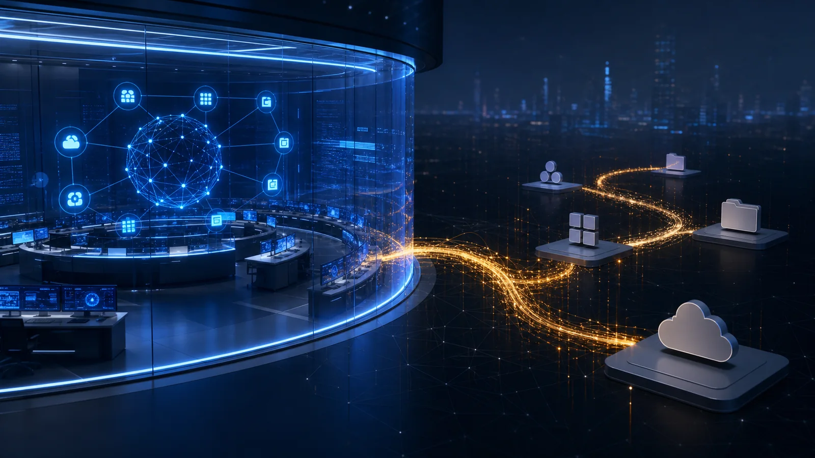 A visible blue governance environment contrasts with an amber data trail moving through unmanaged productivity tools outside organisational visibility.