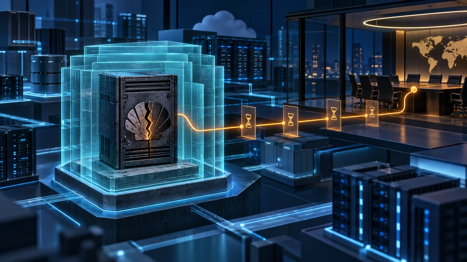 A protected legacy server remains connected by an amber residual-risk path to overdue governance review checkpoints and an executive decision room.