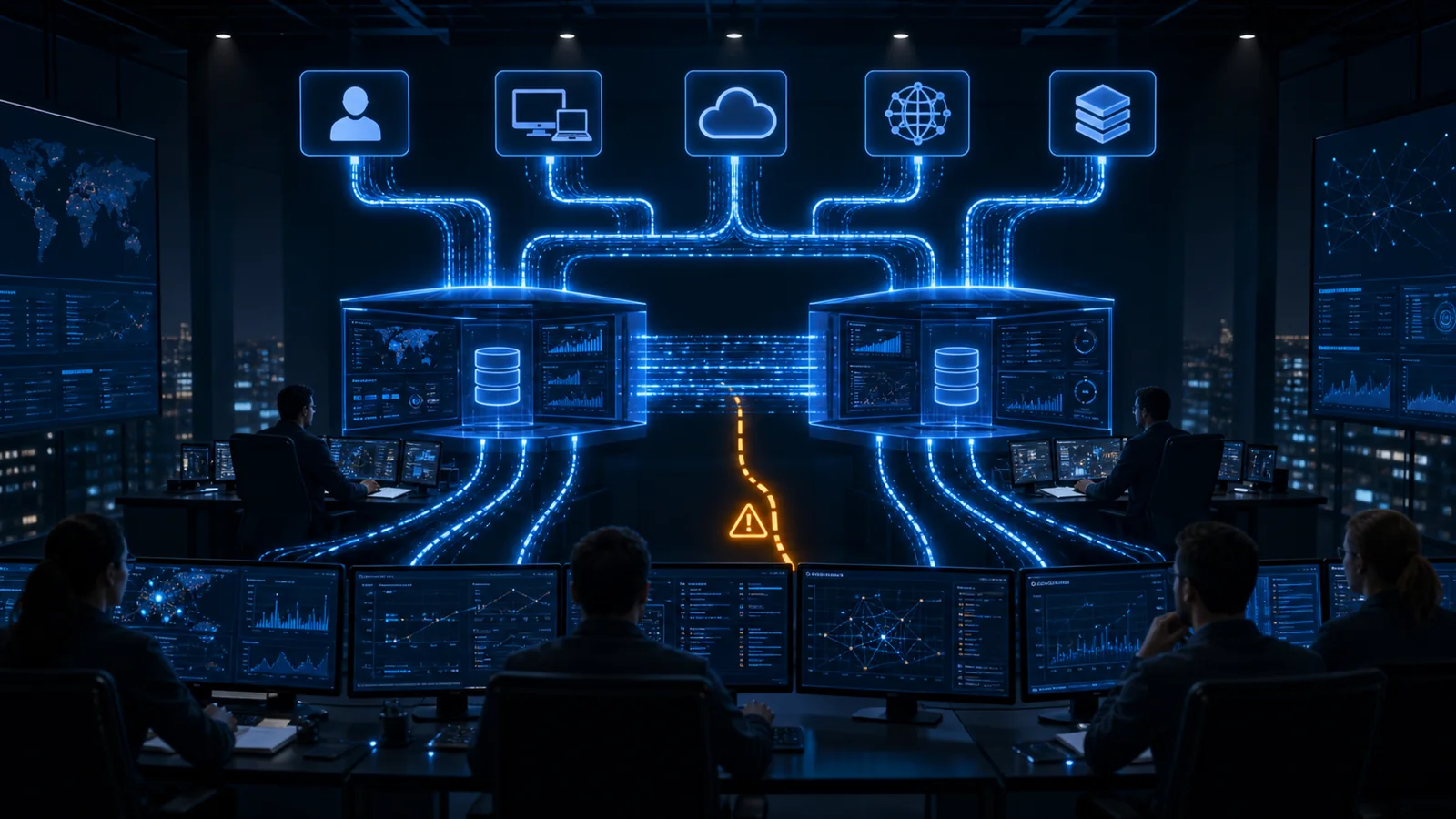 Security analysts compare old and new SIEM platforms during parallel monitoring while an amber telemetry gap exposes a missing detection path.