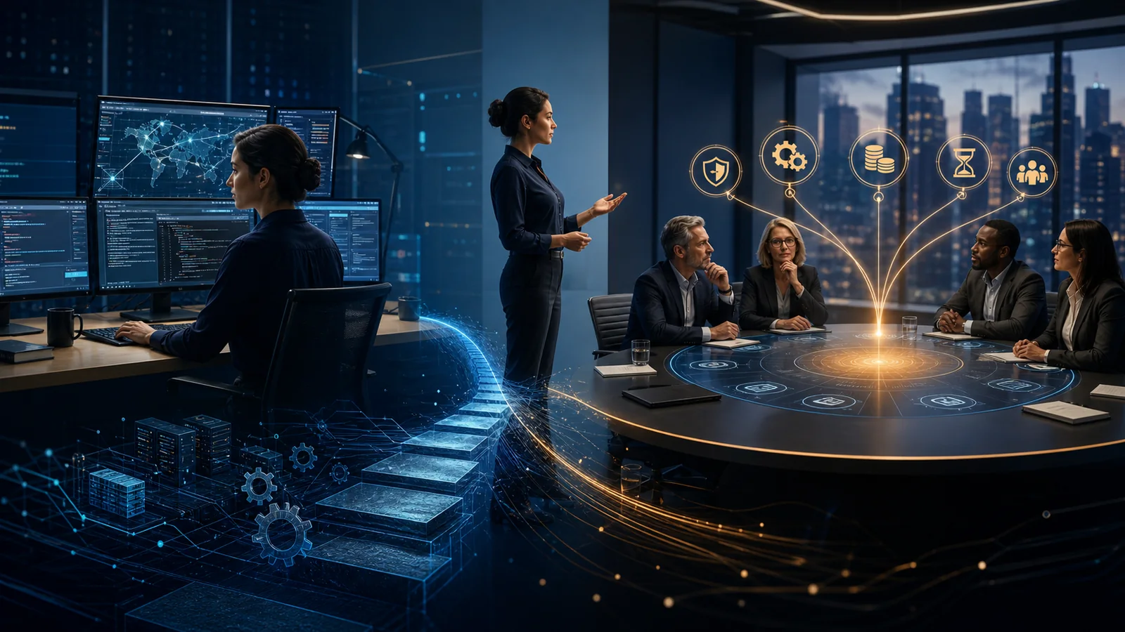 A cybersecurity professional progresses from solving a technical security issue to guiding a senior decision that balances risk, operations, cost and business impact.