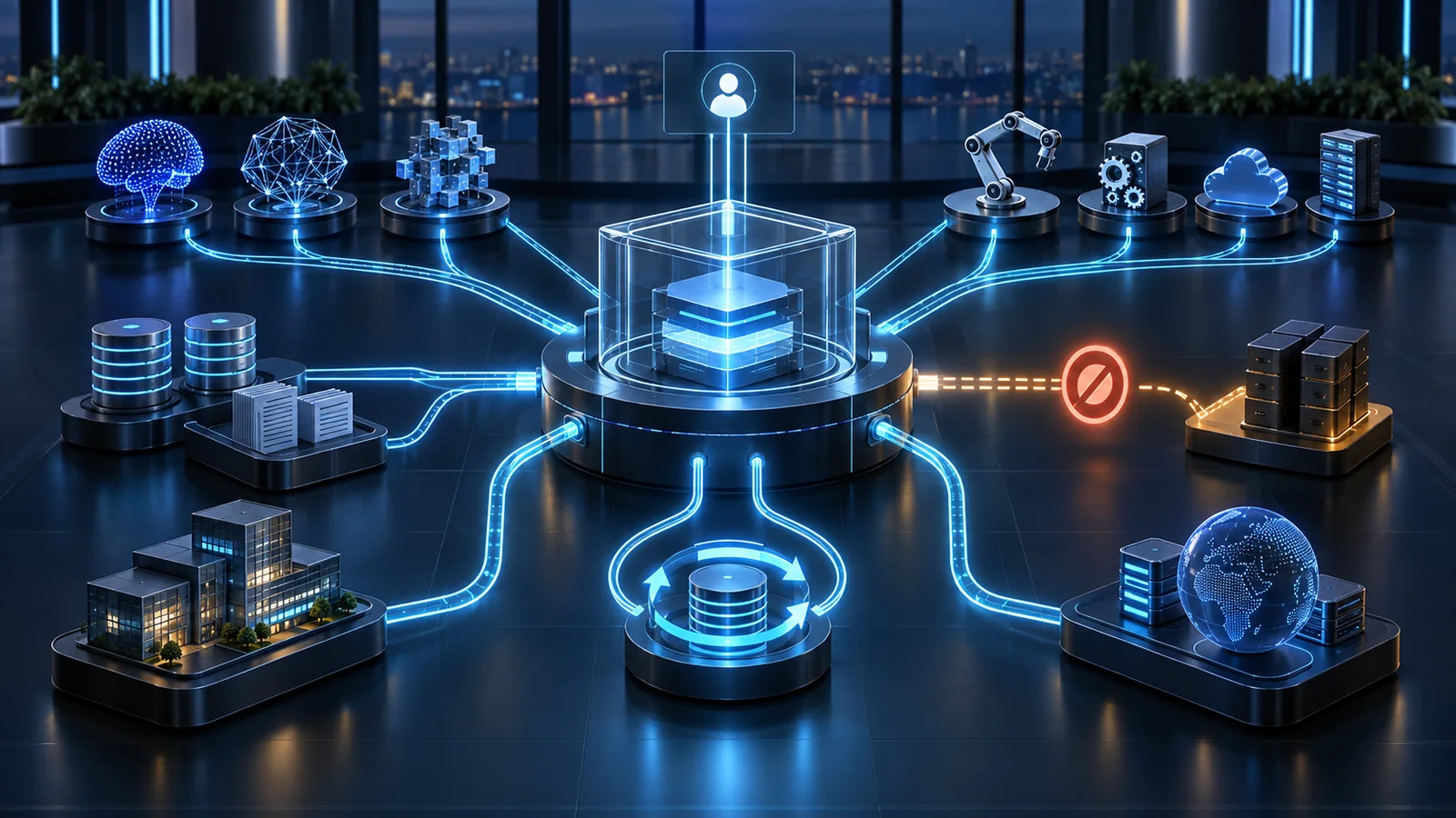 A governed AI gateway selectively authorises model, token, tool and enterprise data paths while blocking one risky connection and safely reusing cached context.