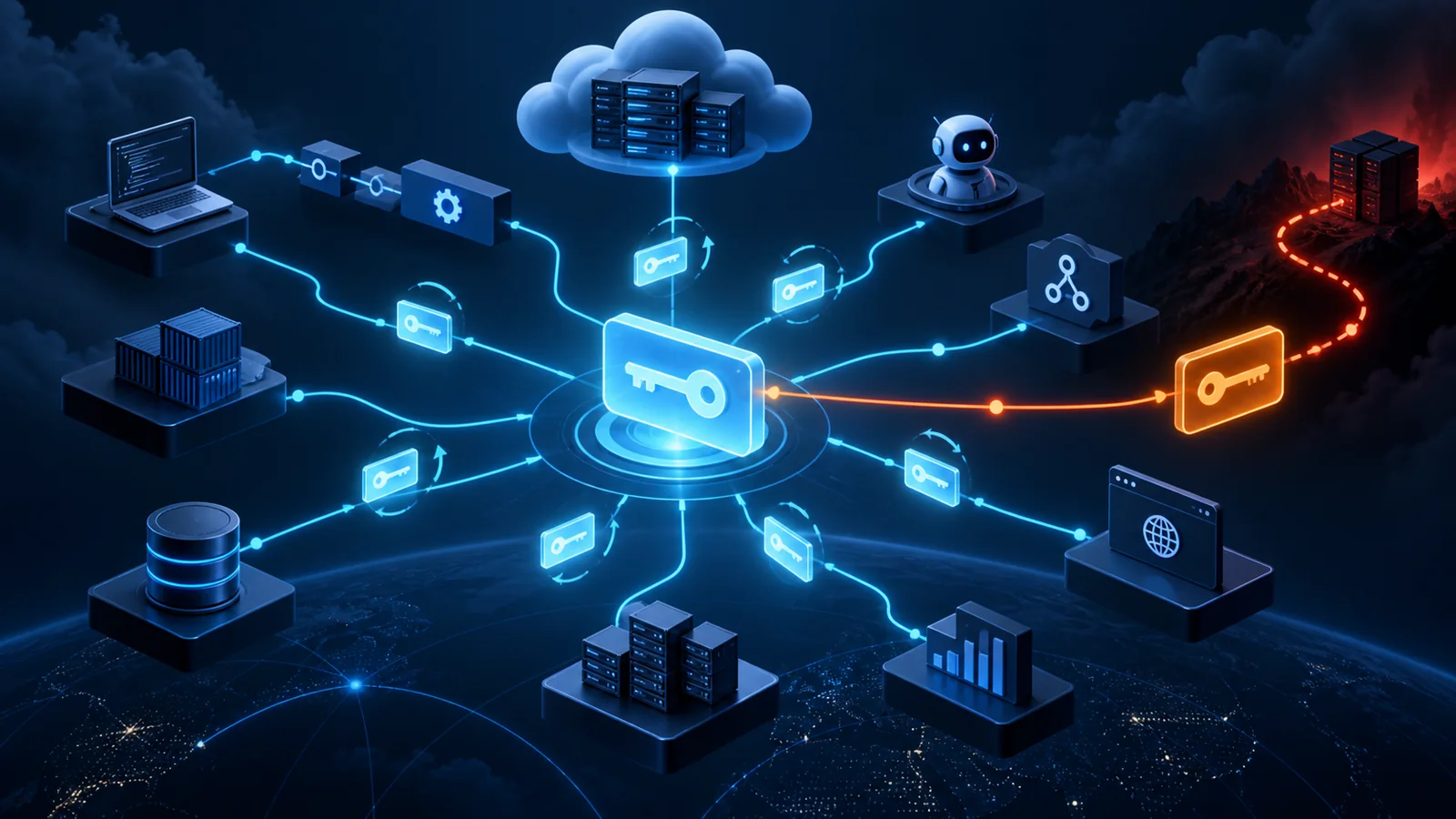 Governed rotating machine credentials connect cloud services, pipelines, data and an AI agent while one long-lived API key creates an exposed path.