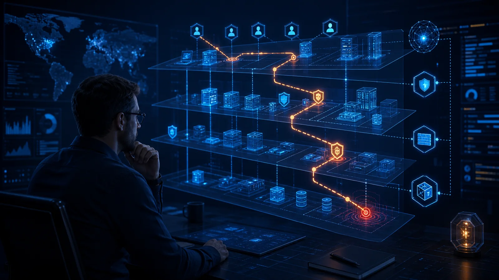A security architect studies a glowing attack path through layered trust boundaries and containment controls.