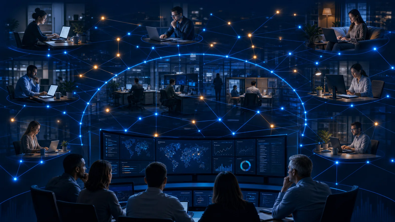 Employees using AI throughout everyday workflows beyond a central governance boundary, forming an expanding shadow-AI constellation.