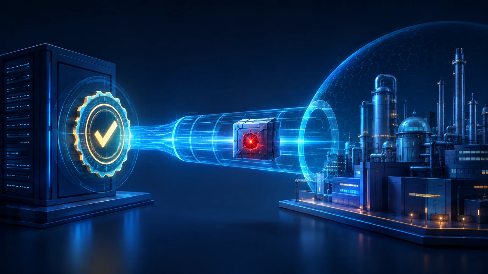 A malicious software package with a red core travels through a verified encrypted update channel toward protected critical infrastructure.