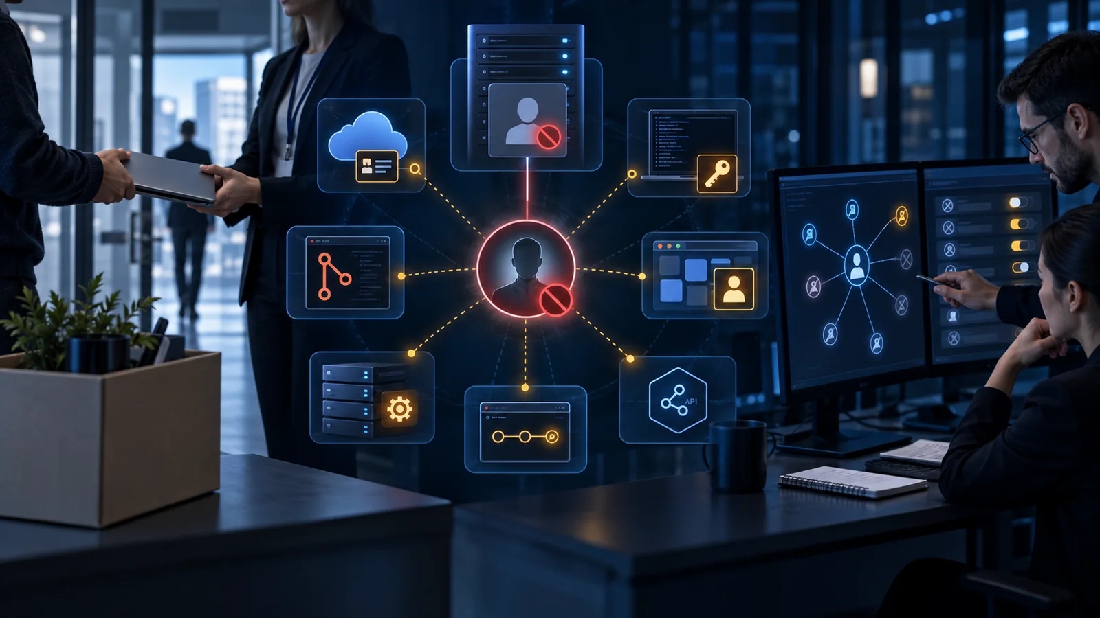 An employee returns a laptop while identity specialists trace and revoke residual cloud, SaaS, repository, SSH, API and machine-credential access paths.