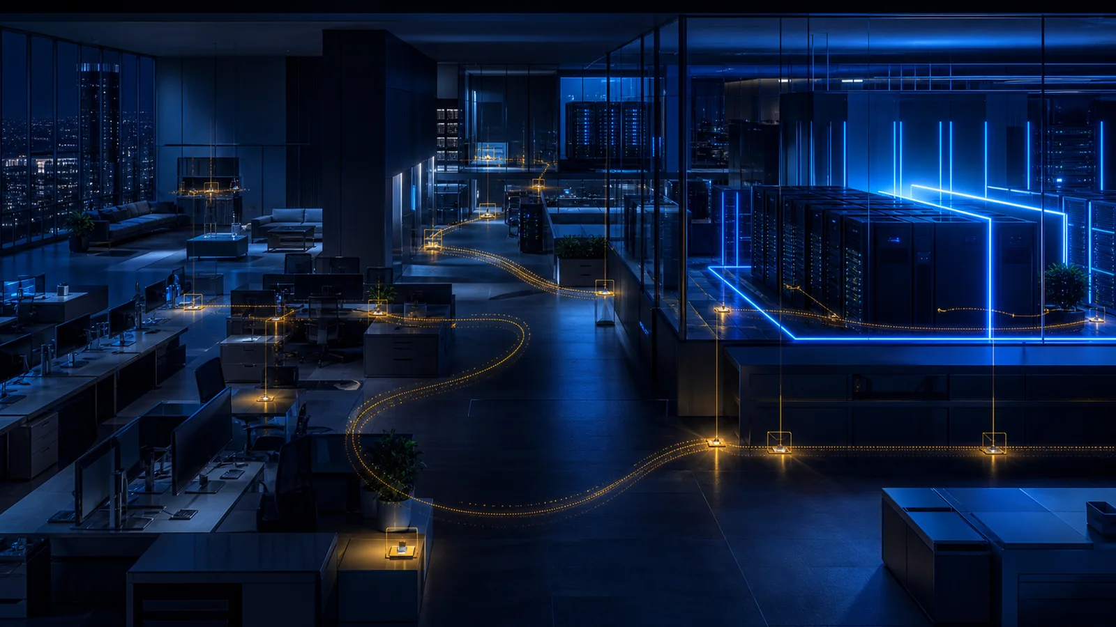 A subtle persistent amber path maintains multiple quiet footholds through a calm enterprise environment while approaching a strongly isolated critical data zone.