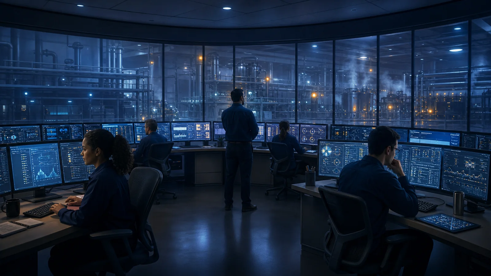 A calm operations team doing routine work while small ignored deviations align into a hidden cascading failure.