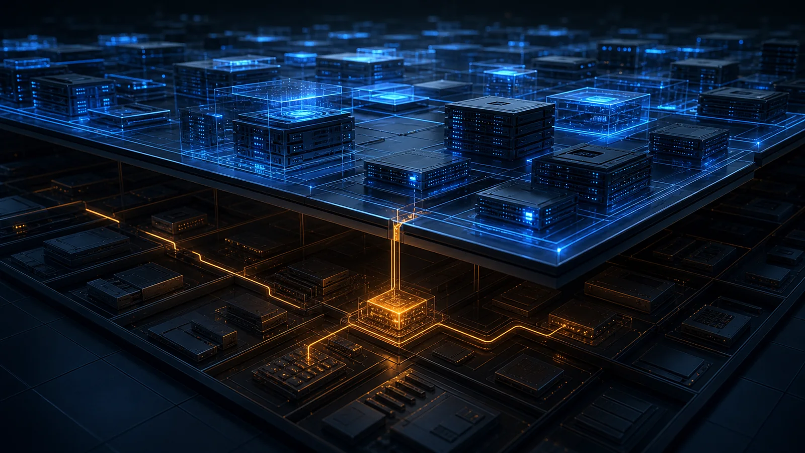 A monitored blue layer of active enterprise systems sits above dormant software components, where an amber attack path reaches a forgotten executable module below.