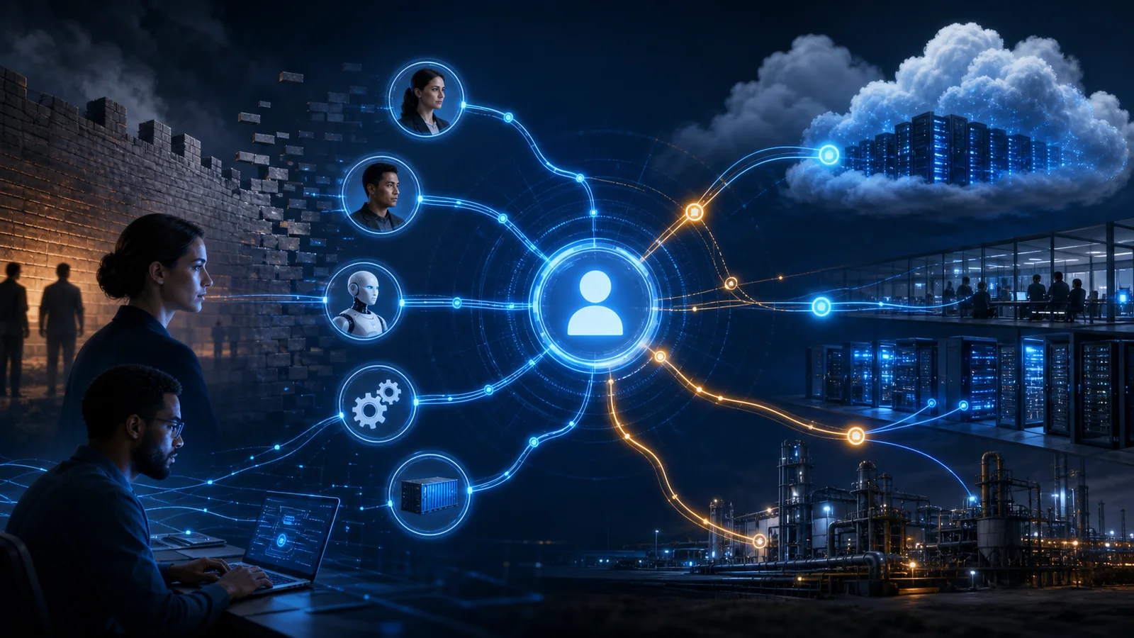 Human, machine, service and workload identities crossing cloud systems through continuously evaluated permission paths as fixed walls fade away.