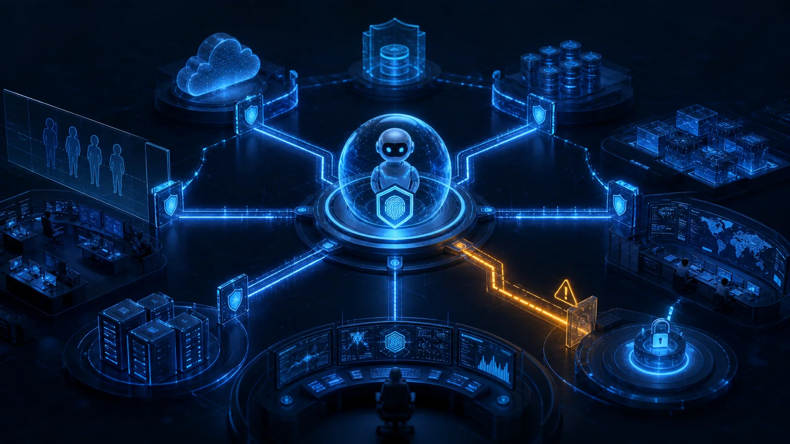 An AI agent identity at the centre of governed access paths, with one risky permission highlighted and monitored by a security team.