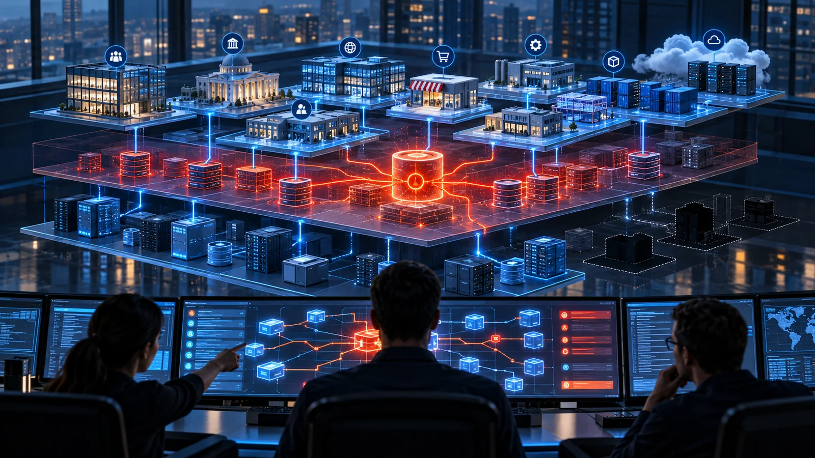Security analysts map a vulnerable shared runtime beneath public websites, internal portals, vendor applications, containers and cloud services, revealing both known and shadow systems.