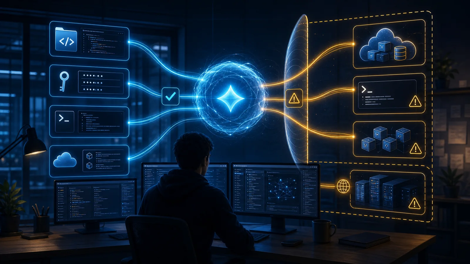 An AI coding agent operating across source code, credentials, terminal actions and cloud resources, with its permission scope made visible.