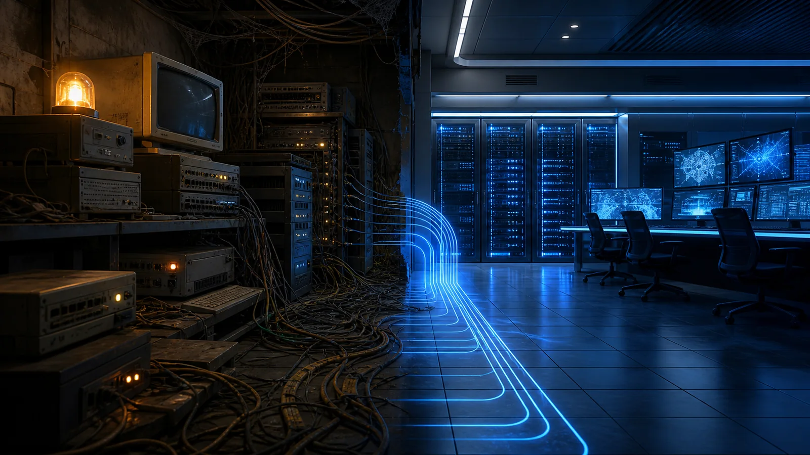 Forgotten legacy security appliances remain connected by tangled dependencies to a clean modern security operations environment.