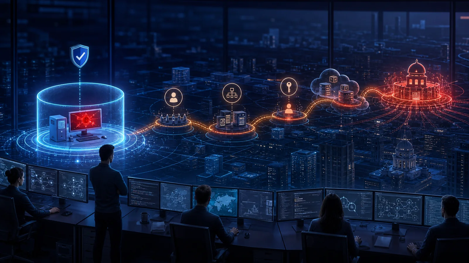 A SOC successfully isolates one compromised endpoint while an amber attack path continues through identity, directory and cloud systems toward domain control.