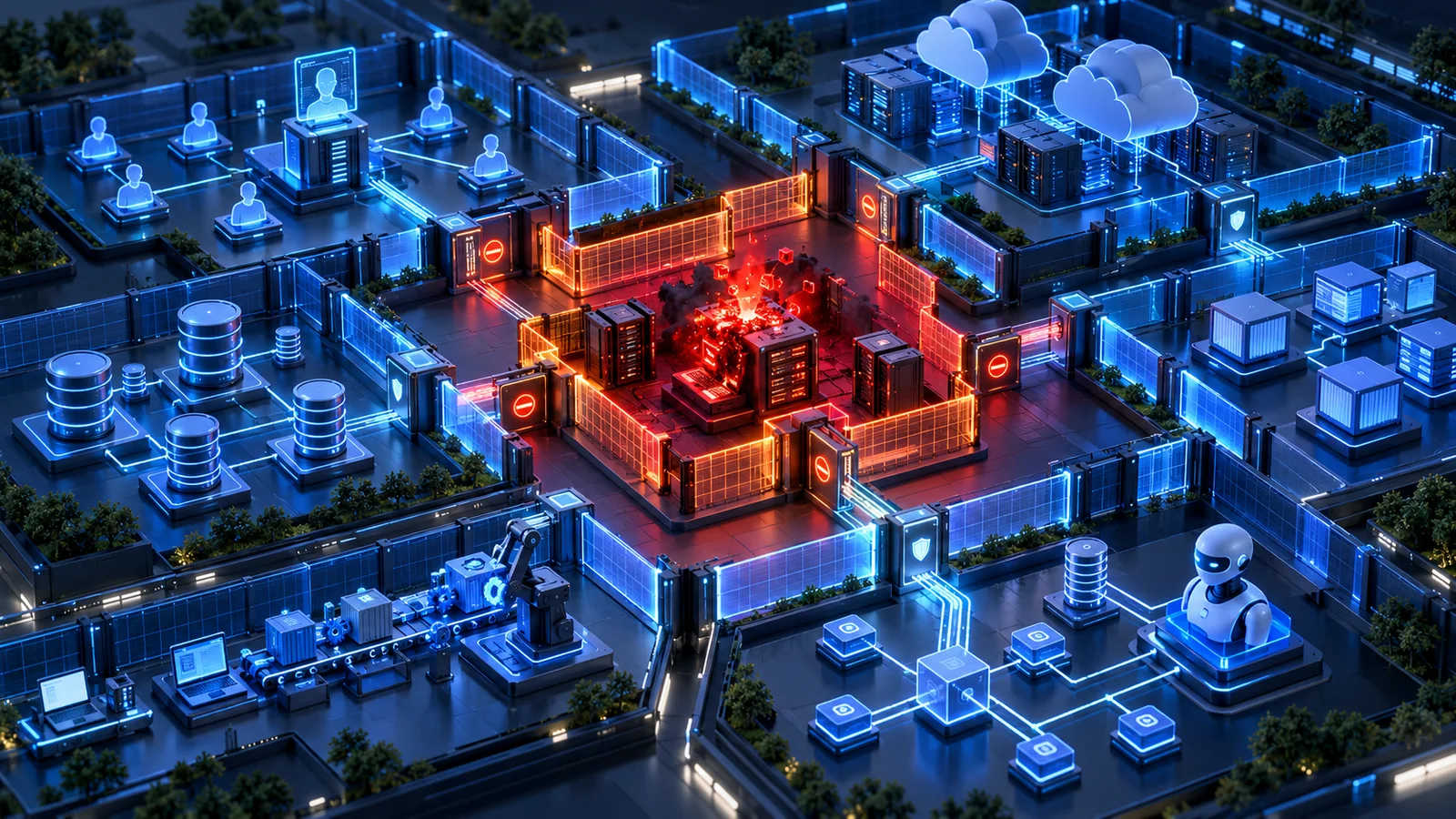 A cyber incident burns inside one tightly segmented security domain while identity gates and isolation boundaries protect surrounding enterprise systems.
